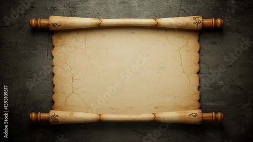 Aged Antique Paper Scroll with Ornate Wooden Handles