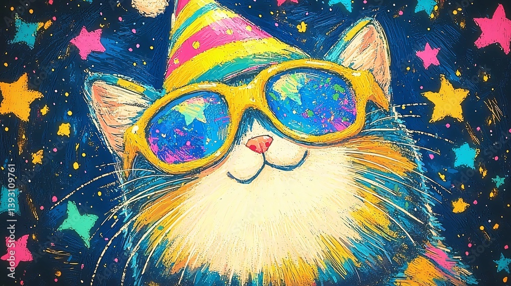 Fototapeta Festive Feline Fun Happy Celebration with Party Hat and Sunglasses in Colorful Starry Sky.