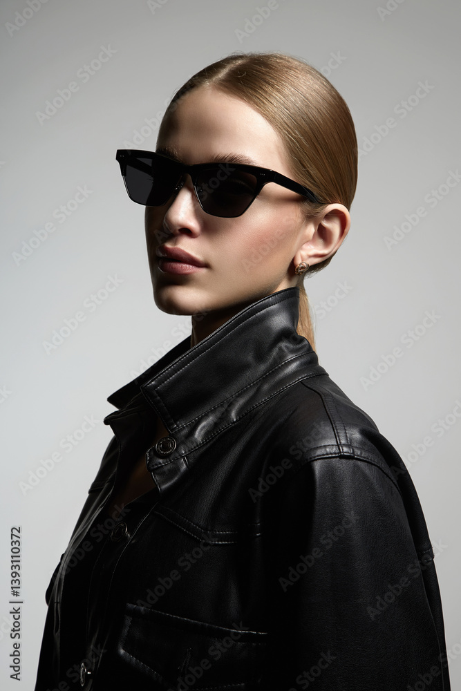 pretty blond girl in black glasses and leather coat