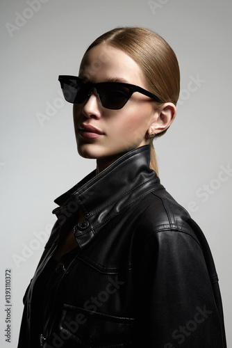Obraz na płótnie pretty blond girl in black glasses and leather coat w salonie