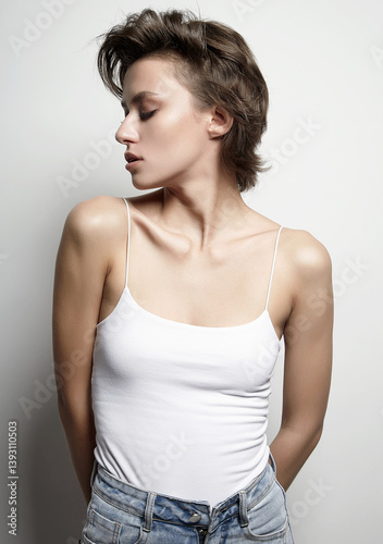 Obraz na płótnie beautiful young woman with short haircut w salonie