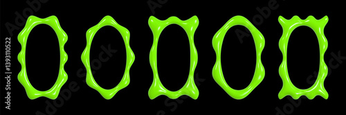Wavy 3D frames in shiny green reflective textures arranged on a black background showcasing artistic design and dimensionality