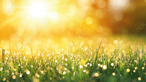 Lawn A close up of dew covered grass blades on a morning lawn, glistening under the golden sunrise.