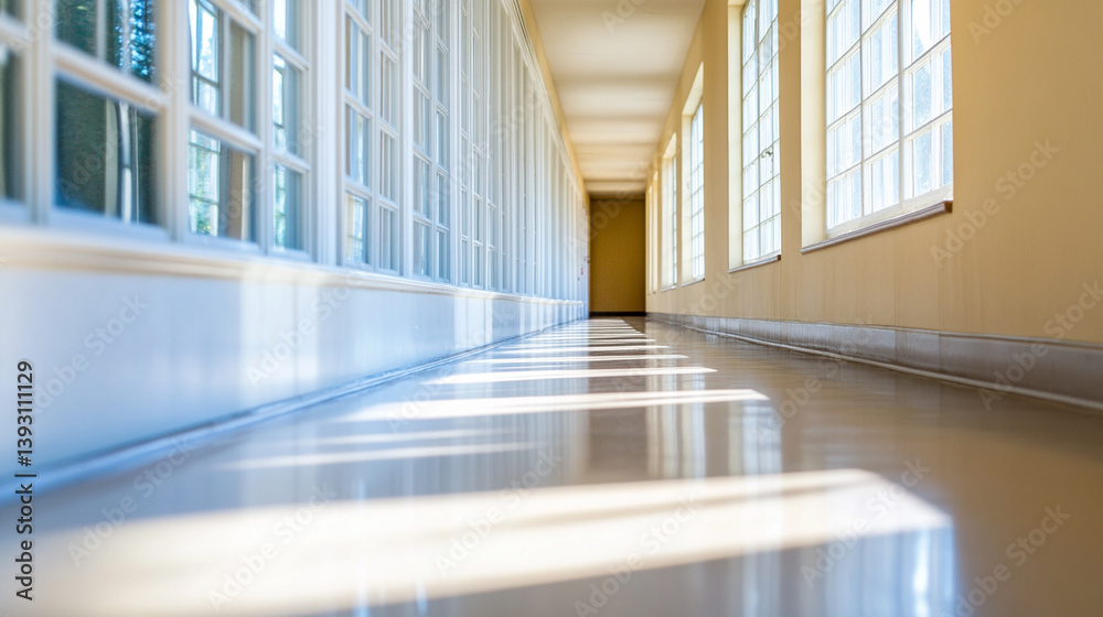 Obraz premium Bright, spacious corridor with large windows and polished floor, leading to an open door at the end