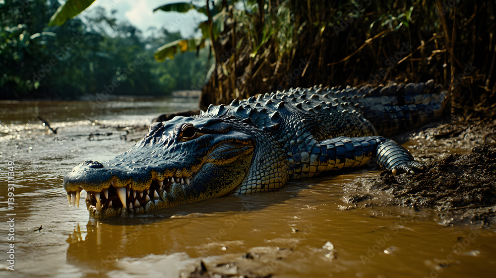 Obraz premium An alligator emerges from murky river water onto the muddy bank, its teeth gleaming. Lush jungle foliage frames the scene, hinting at a tropical habitat. Scales glisten in the sunlight.