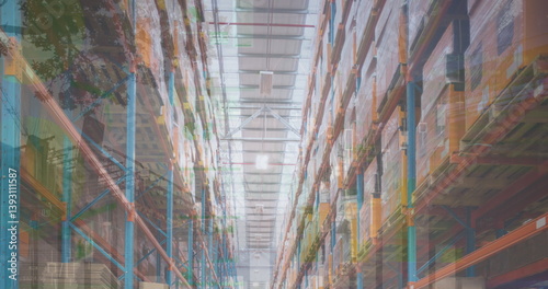 Image of financial data processing over warehouse