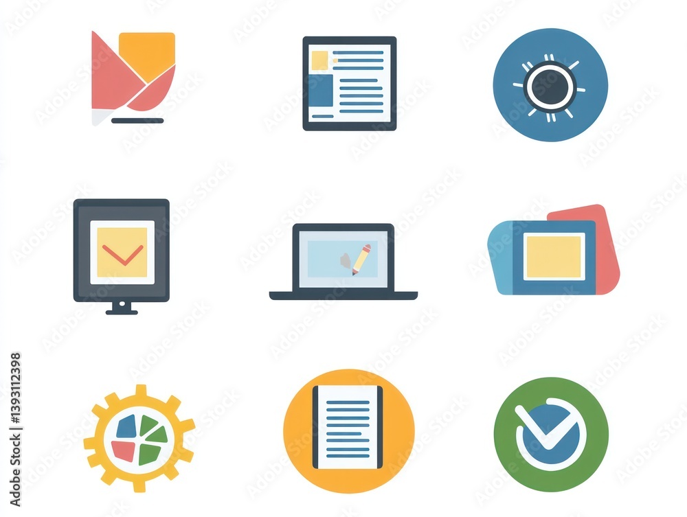 Design contemporary icons signifying e-learning features like multimedia content virtual field trips online discussion boards Design contemporary icons signifying e-learning features like multimedia content virtual field trips online discussion boards