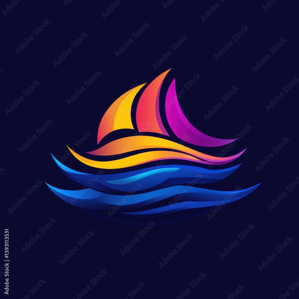 Vibrant sailboat graphic with colorful sails and stylized waves during dusk