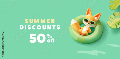 Modern banner with summer discounts. 3D character of a fox resting on the water in sunglasses and tropical leaves. For vacation, relaxation concepts. Vector illustration