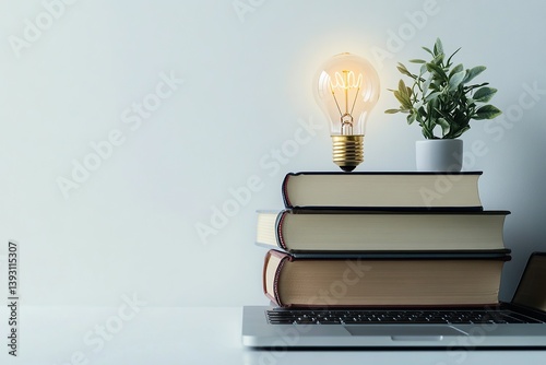 Photo of a stack of books and a laptop with a light bulb on a white background, representing an online
