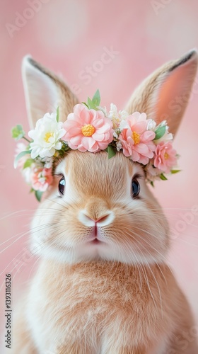 Bunny Wears Floral Crown Against Soft Pink Background for Adorable Springtime...