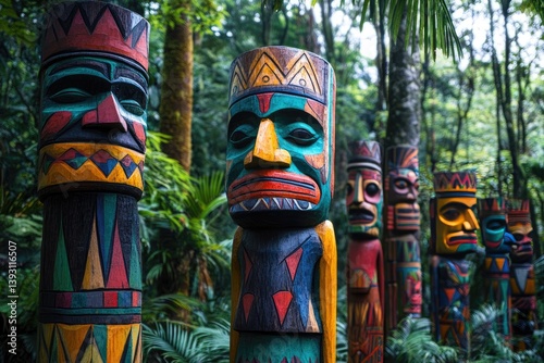 Colorful totem poles in a lush forest setting
