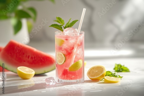 Refreshing Watermelon Lemonade Cocktail With Fresh Fruits on Wooden Table