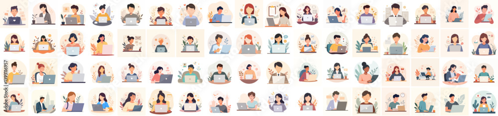 sheet of People working and communicating with laptops in modern flat style illustration sheet of People working and communicating with laptops in modern flat style illustration
