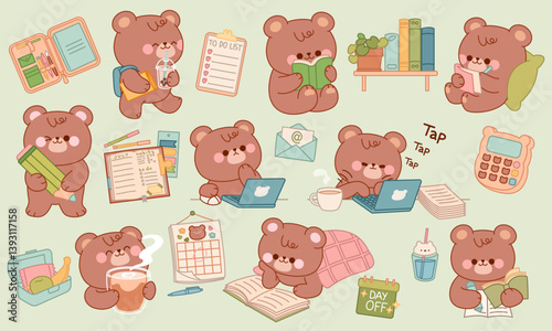 Cute little bear studies and works. Daily routine, planning, reading,  studying, working, relaxing. Cartoon stickers, Animal character design tidy vector isolated set. Kawaii style collection.