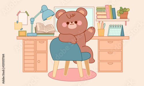 Cute little bear studying and working. Daily routine, planning, reading, relaxing. Cartoon stickers, Animal character design tidy vector isolated illustration. Kawaii style art.