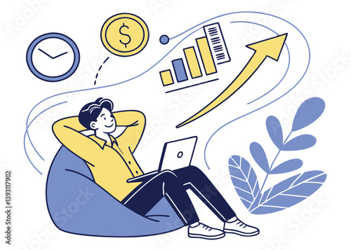 Relaxed Man Working On Laptop Achieving Financial Growth And Success Vector Illustration