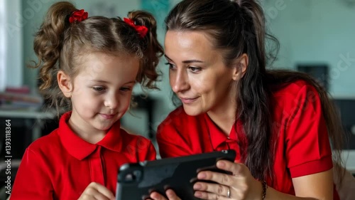 A woman and a little girl are looking at a tablet. Scene is one of learning and bonding between the two