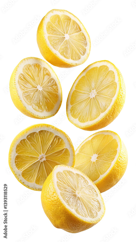 Fototapeta premium Six Slices of Fresh Yellow Lemons Falling in the Air Isolated on transparent background