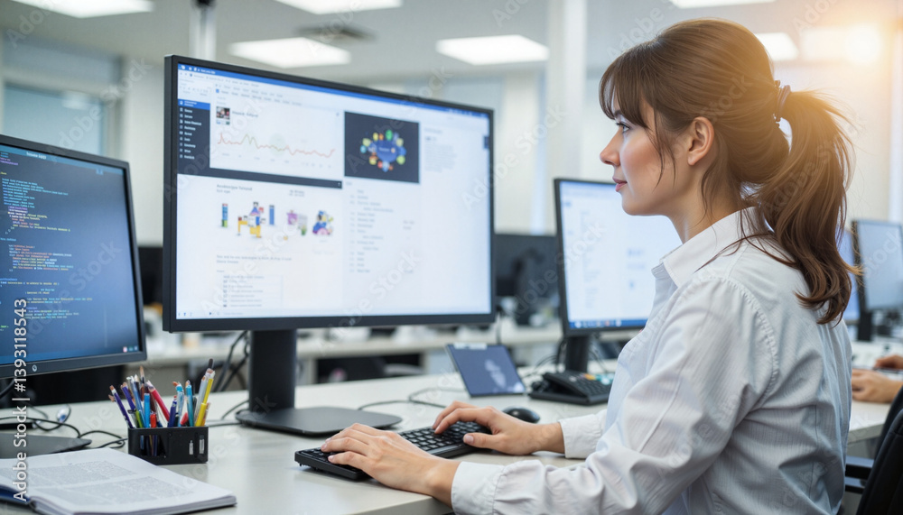 Woman working on computer in modern office Woman working on computer in modern office