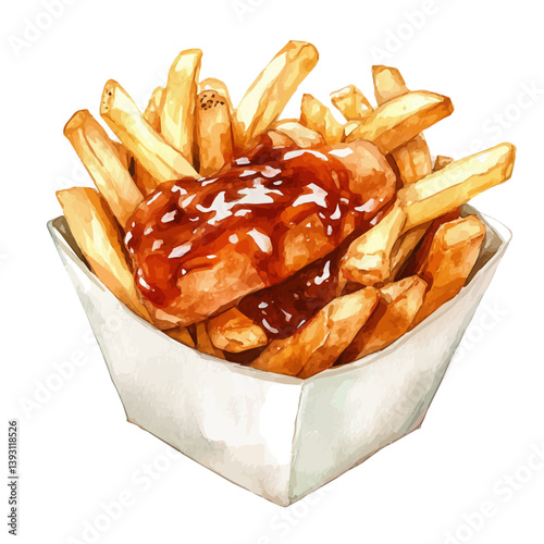 A watercolor vector illustration of poutine, isolated on a white background.

