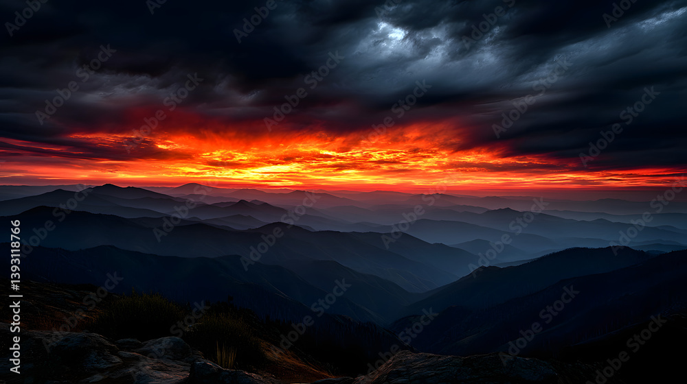 Fototapeta premium A dramatic view of mountain ridges silhouetted against a fiery sky, the fading light creating an otherworldly atmosphere over the landscape.A dramatic view of mountain ridges silhouetted against a fie