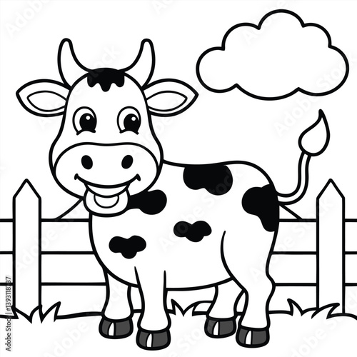 Cute cartoon calf, a happy dairy animal vector illustration on the farm coloring page