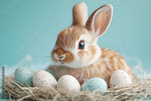 Cute Bunny in a Nest Surrounded by Colorful Eggs for Spring Celebration Activ...