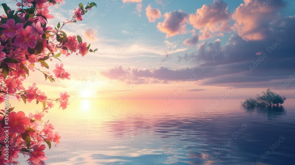 Blooming Branch Over Water with Dreamy Sunset Sky and Calm Reflections