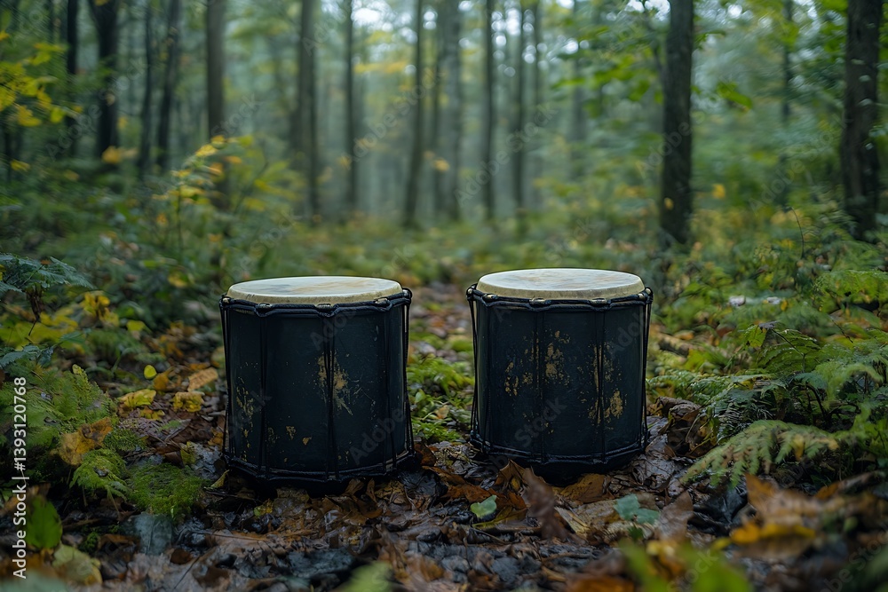 Fototapeta premium Two drums are placed in a green and misty forest setting