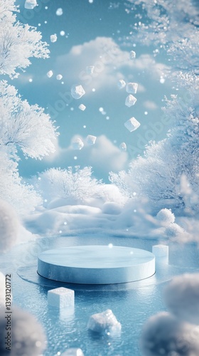 Snowy Mountain Landscape With Ice Blocks on Round Platform Near Frozen Lake a...