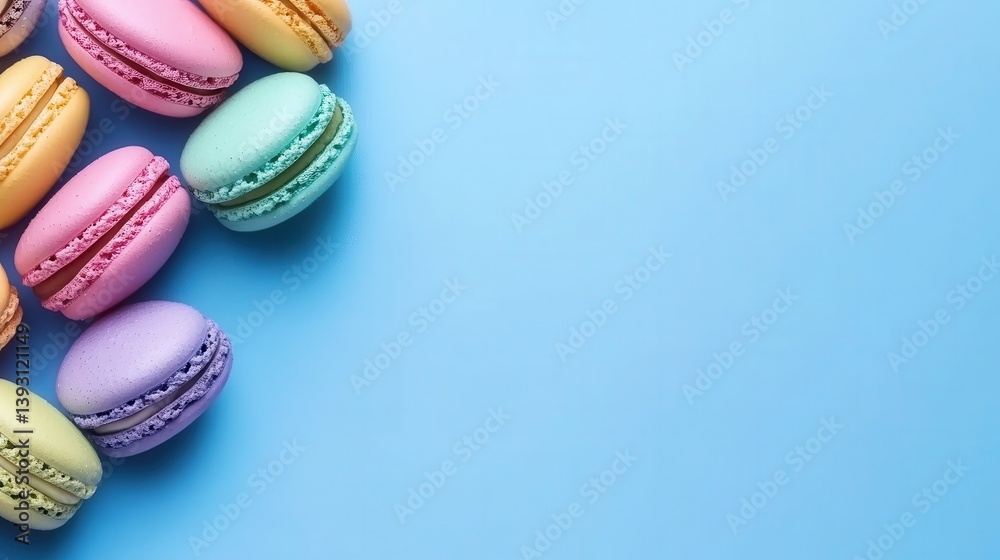 Fototapeta premium Colorful macarons arranged on a blue background, showcasing vibrant hues and textures