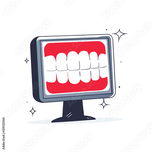 Vector of dental X-ray monitor showing white teeth on red background, clean and modern medical illustration focused on oral health and dentistry