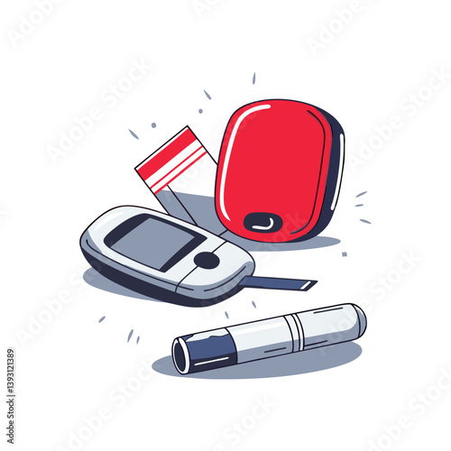 Vector of diabetes monitoring kit with glucometer, test strips, and insulin pen, modern medical illustration focused on blood sugar control