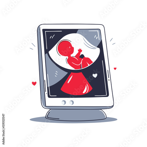 Vector of ultrasound monitor showing fetus in womb, modern and heartwarming medical illustration focused on pregnancy, maternity, and prenatal care