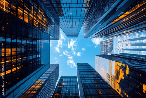 Urban Skyline Architecture Looking Up at Skyscrapers Reflecting Blue Sky and Clouds Modern Cityscape : Generative AI