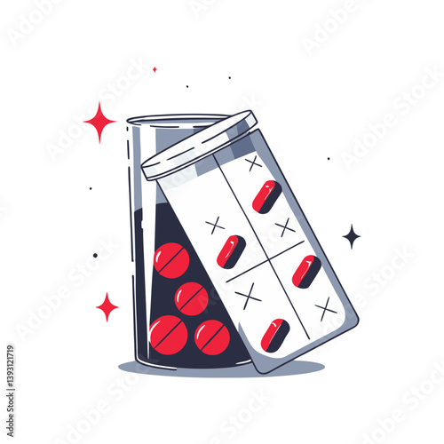Vector of pill bottle and blister pack with red capsules and tablets, modern clean style representing pharmaceutical use and daily dosage