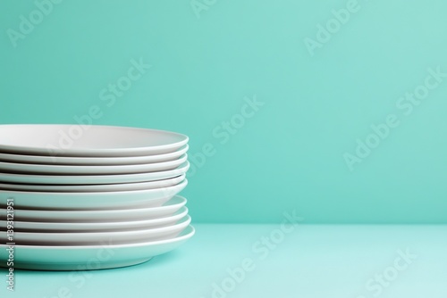 Photo of a stack of clean plates on an aqua background for restaurant advertising.