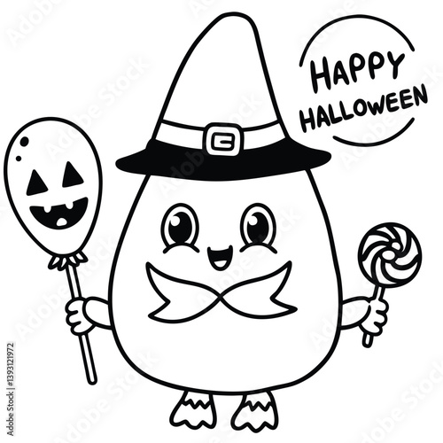 Cute Halloween Ghost in Witch Hat with Lollipop Coloring Page