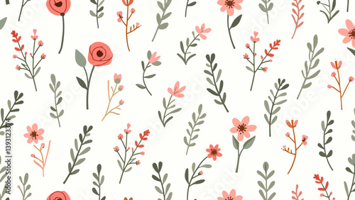 Seamless floral pattern, seamless pattern with poppies, Seamless floral pattern, Floral colorful seamless Pattern. Hand drawn Flowers and branches in Scandinavian style. Spring summer plants botanic