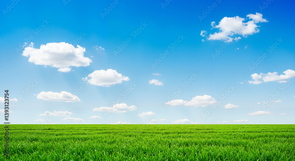 Obraz premium Green meadow under blue sky, peaceful natural landscape with soft lighting