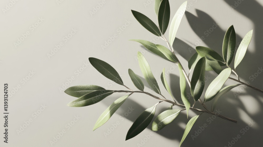 Naklejka premium Olive branch with green leaves casting shadows on neutral background