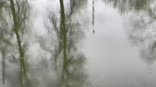 Rain Drops Splashing in River Water Calm Nature Scene Background  