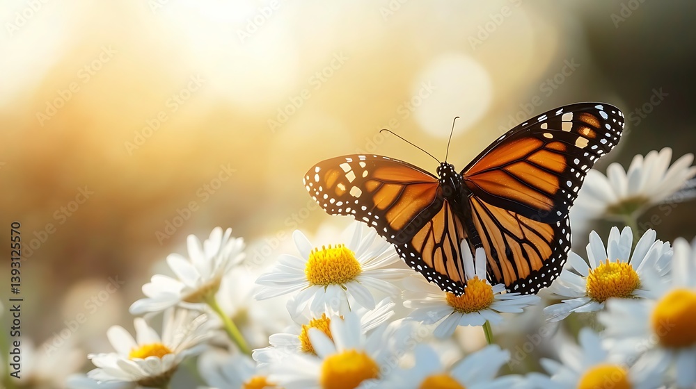 A beautiful orange butterfly rests gently on daisy flowers in sunlight A beautiful orange butterfly rests gently on daisy flowers in sunlight