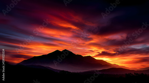 A mystical twilight scene of a mountain silhouette bathed in red and golden light, with a calm and serene atmosphere settling over the landscape.A mystical twilight scene of a mountain silhouette bath