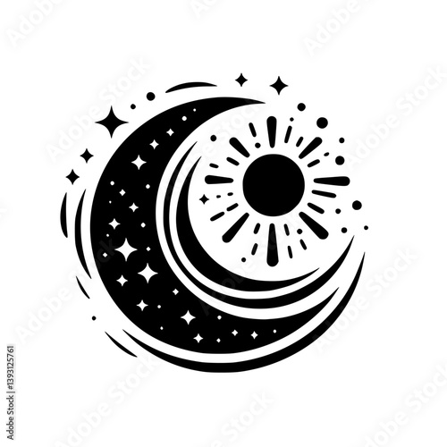Celestial Harmony: Crescent Moon & Sun Vector Illustration in Black & White