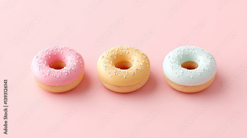A tempting display of three beautifully decorated pastel donuts arranged elegantly to tempt any sweet tooth in stunning realistic photography A tempting display of three beautifully decorated pastel donuts arranged elegantly to tempt any sweet tooth in stunning realistic photography