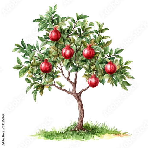A watercolor vector illustration of a pomegranate tree, isolated on a white background.


