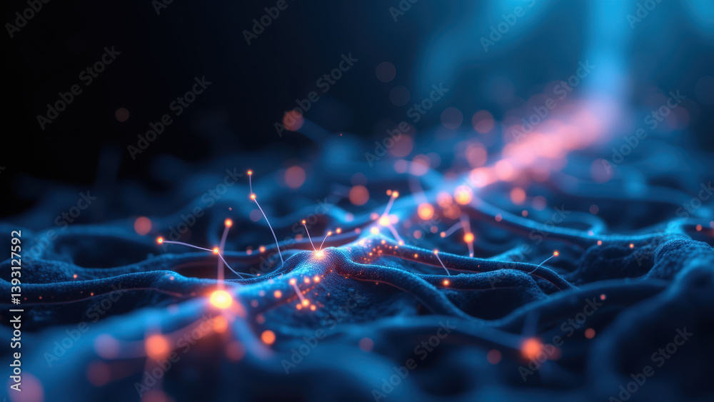 Vagus Nerve Stimulation - High-resolution view of a biological nerve network with neurons glowing in shades of blue and orange against a dark background. Vagus Nerve Stimulation - High-resolution view of a biological nerve network with neurons glowing in shades of blue and orange against a dark background.