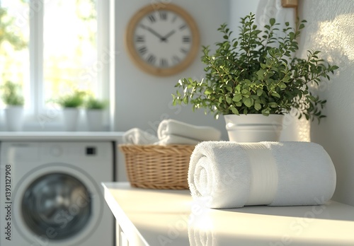Freshly Laundered White Towels and Green Plant in Bright Modern Laundry Room with Clock and Washing Machine : Generative AI